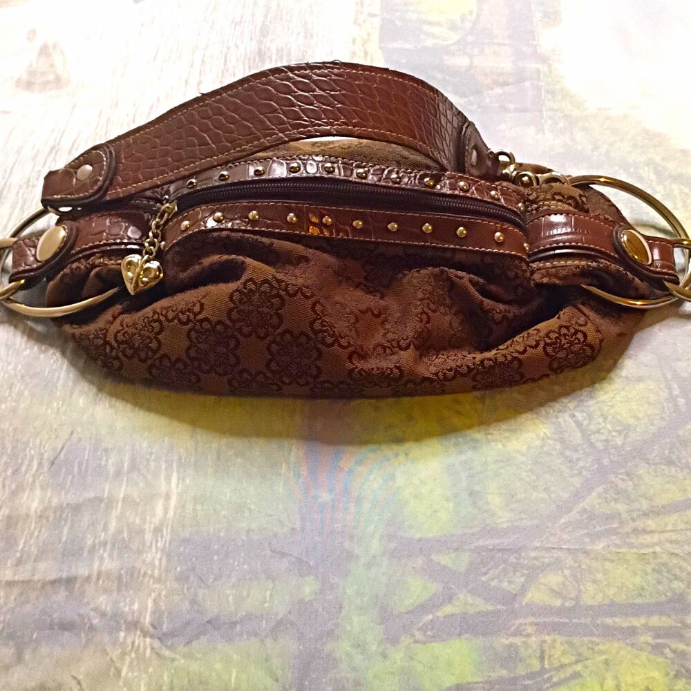 Kathy Van Zeeland Brown Jacquard Shoulder Bag Purse Heart Charm Y2K Studded
